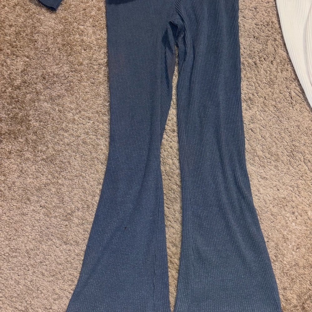 2 Ribbed Long Sleeve CropTop & High-Waist Flare Pants Sets- Blue & Cream - Picture 14 of 16